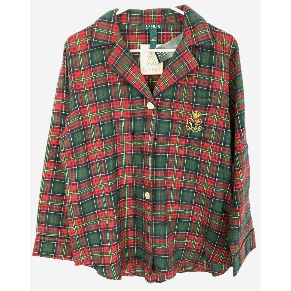 Lauren Ralph Lauren 2 Pc. Pajama Set Women L Red Green Plaid Flannel Holiday NWT